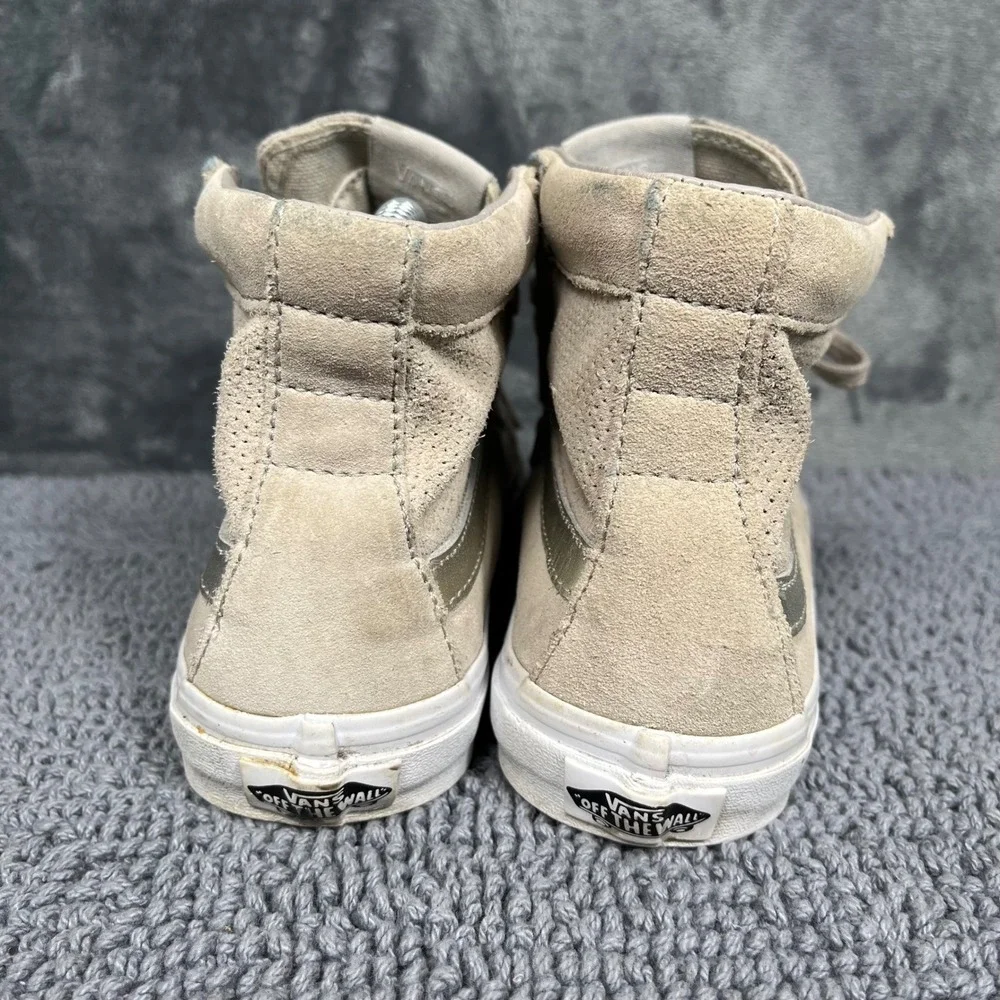 Vans Sk8-Hi Slim Beige Tan Suede Metallic Silver Stripe High Top Sneakers 8.0